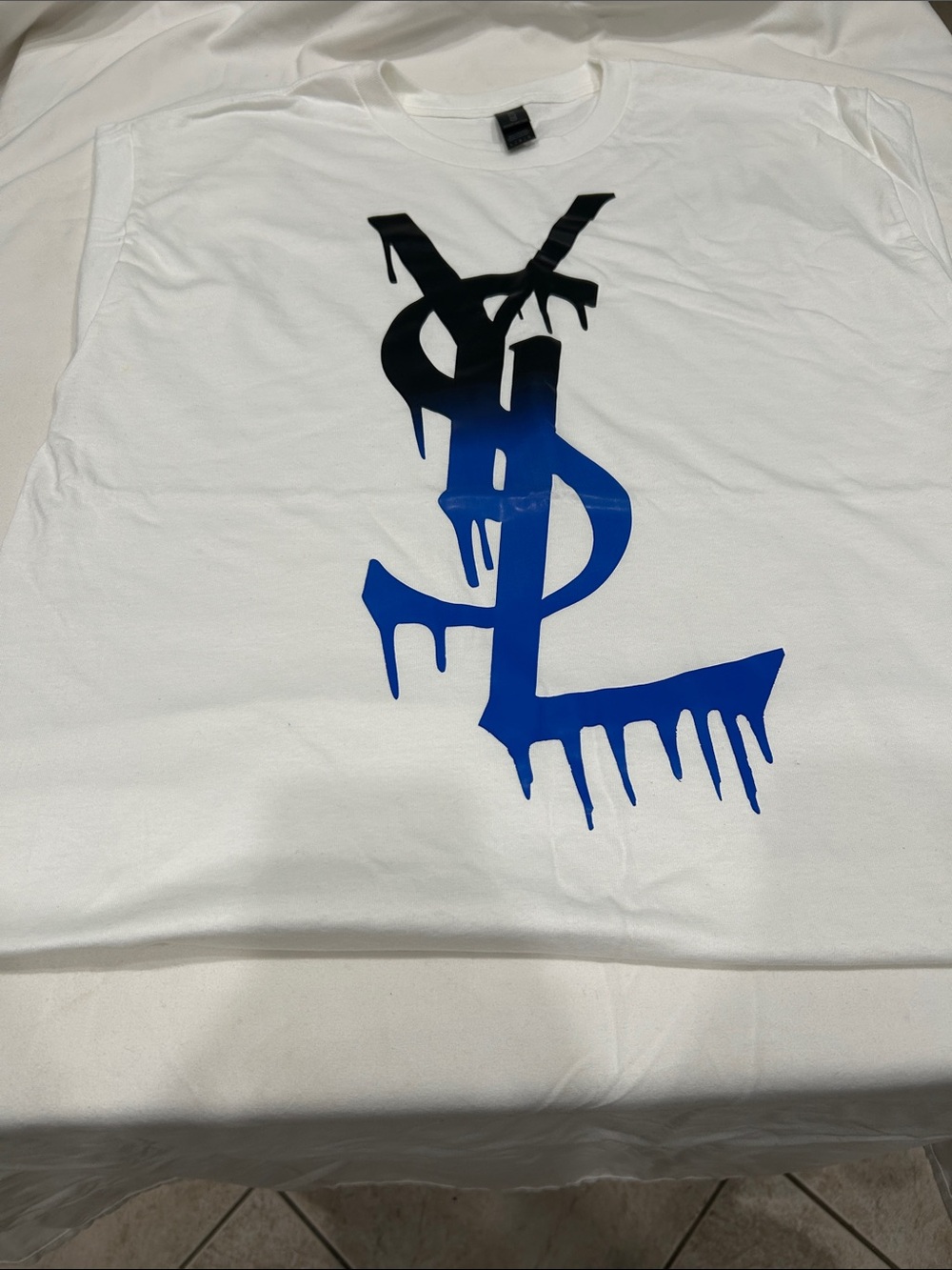 White Graphic Men’s T-Shirt with Blue Drip Logo